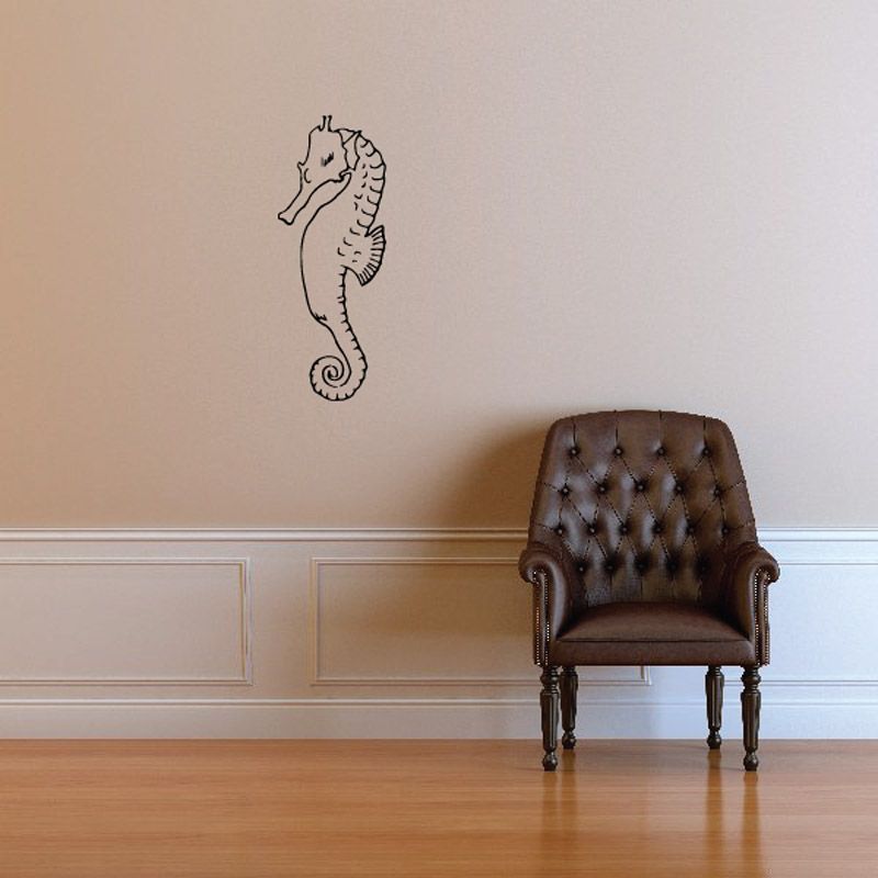 Bold seahorse wall decal, black outline on light background
