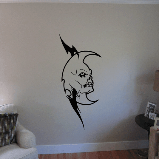 Skull and moon wall decal, black outline with batlike horn accents