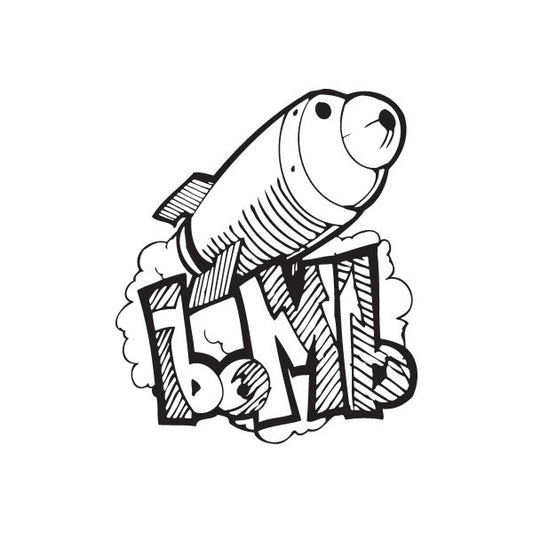 Bomb graffiti style decal, black and white rocket over letters