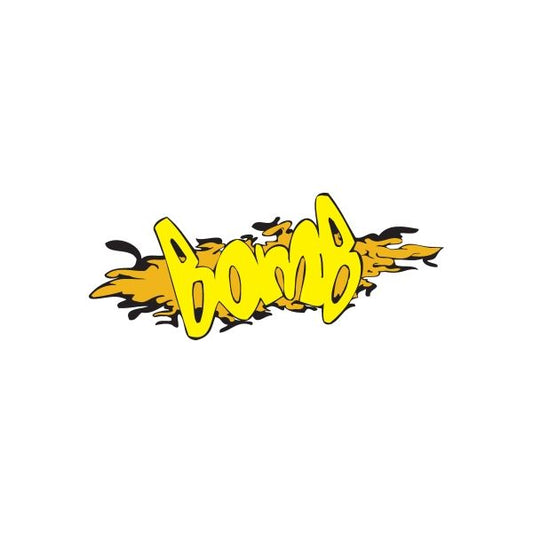 Graffiti sticker with yellow BOOM letters, black outline, and orange splash accents