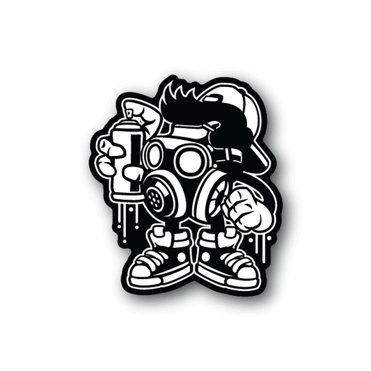 Graffiti-style vinyl sticker of a helmeted character holding spray can with flames and drips