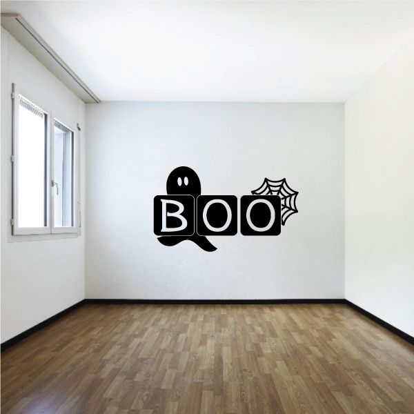 Halloween ghost and web decal with bold BOO lettering and spiderweb graphic