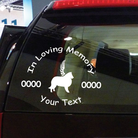 Memorial window decal: white border collie with wings and “In Loving Memory / Your Text”