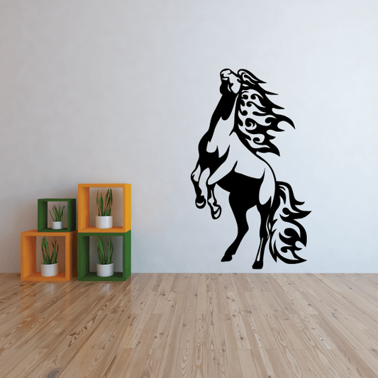 Bowing saddled horse decal, black horse with decorative mane and tail