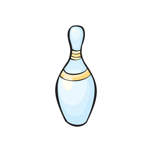 Bowling pin sticker, light blue pin with gold collar and dark outline