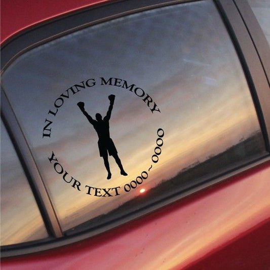 Custom boxing memorial decal with silhouetted boxer and curved text on car window