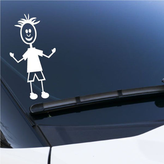 Cartoon boy decal with arms bent out and simple white outline