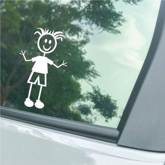 Curly-haired boy clothing wall decal, smiling cartoon holding a small stick