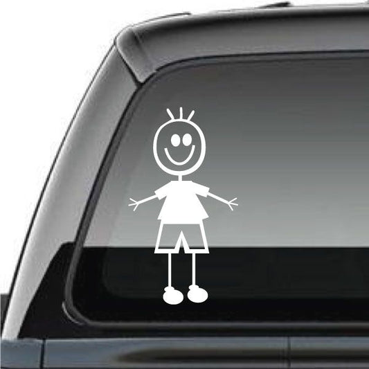 Boy clothes decal: white outline cartoon boy on car window glass