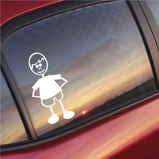 Boy hands-behind decal sticker, white cartoon figure