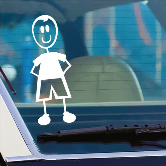 White boy cartoon decal with curly hair and hands behind back on a car window