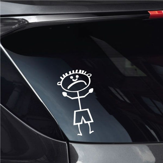 Boy frowning decal: white outline boy with angry face and raised arm