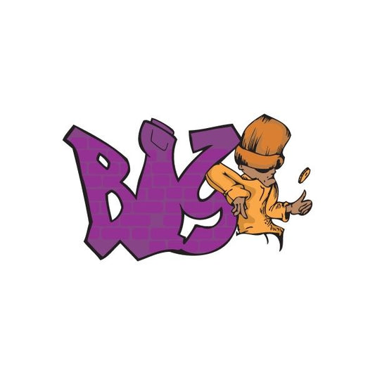 Graffiti-style boy sticker with purple lettering and orange hoodie character