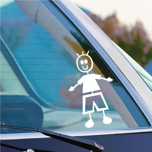 Boy cartoon decal sticker for car window, white outline figure holding hands out
