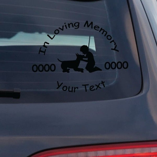 Memorial car decal with boy-dog silhouette and 'Loving Memory' text