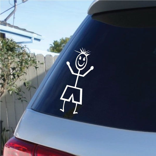 Boy pointed-hair character decal in white outline on car window