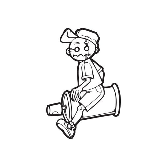Boy riding spray paint can decal, black outline cartoon illustration