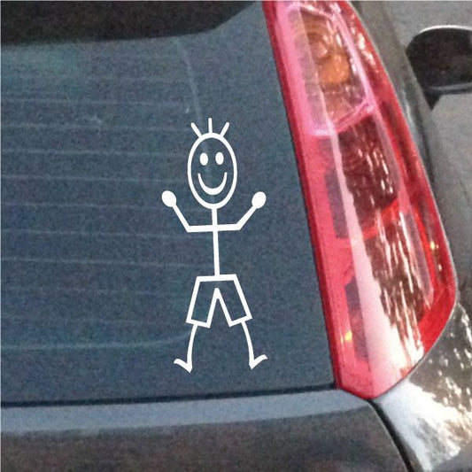 Smiling boy character decal with stick-figure body on a car panel