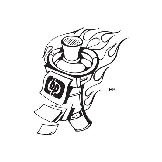 Spray paint can decal with black outline cartoon figure and flame shapes, includes HP lettering
