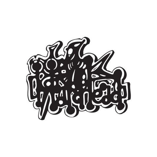 Graffiti decal with black stylized lettering and graphic shapes
