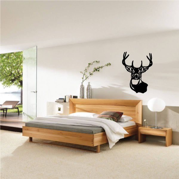 Black deer buck head wall decal with antlers silhouette