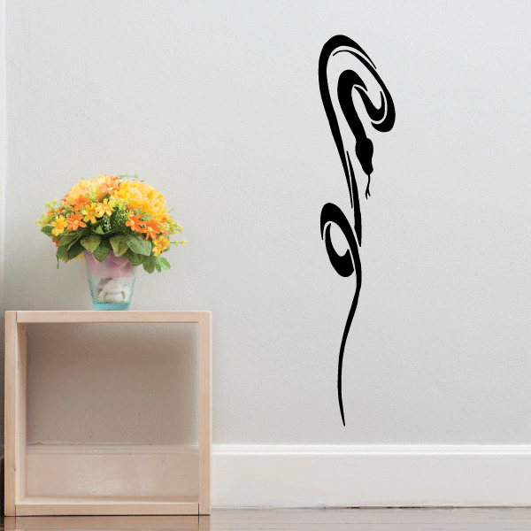 Black snake wall decal with bold swirl pattern, long tail