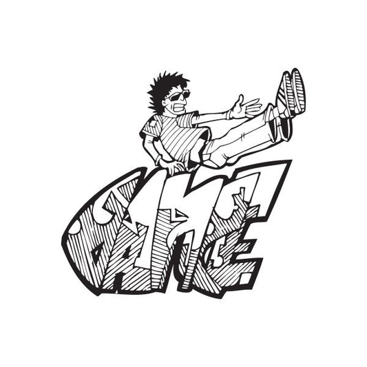 Graffiti breakdancer decal with black-and-white dancer and bold tag lettering