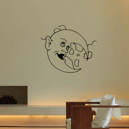 Cartoon moon wall decal with cracked moon and small animal face detail