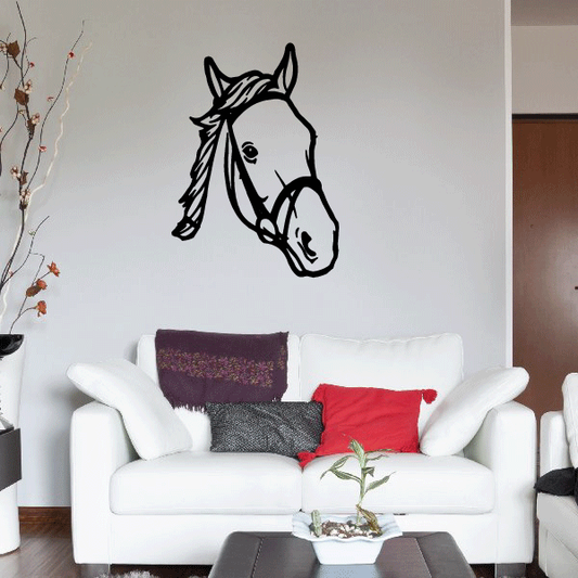 Black bridle horse head wall decal with detailed outline
