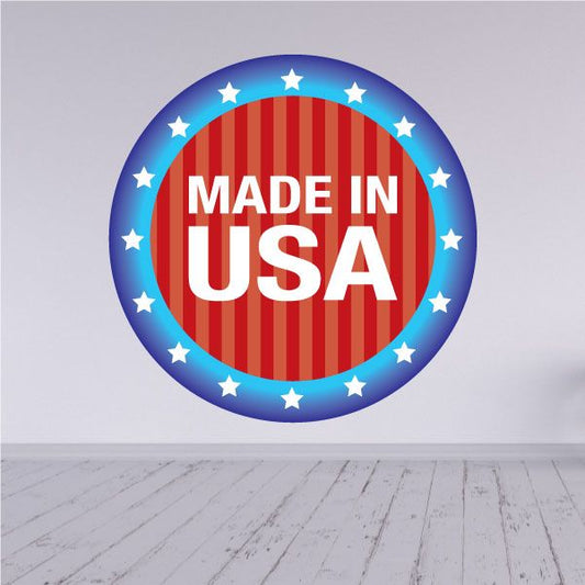 Round sticker reading "MADE IN USA" with blue star rim and red striped center