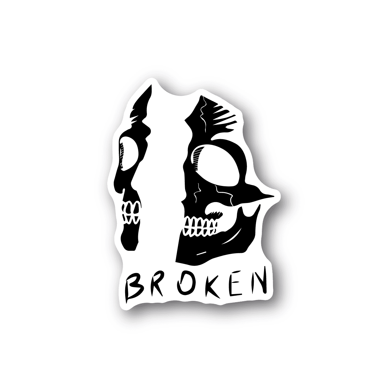 Vinyl sticker of white skull head with horns and BROKEN text