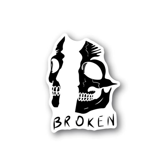 Vinyl sticker of white skull head with horns and BROKEN text