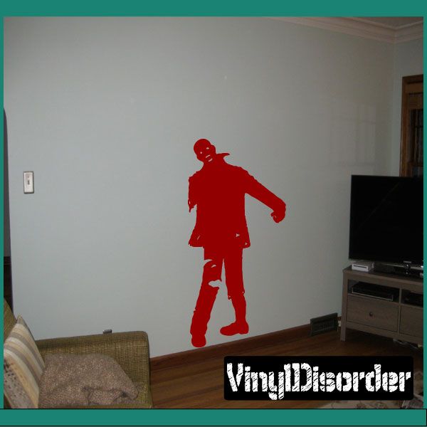 Zombie walking wall decal, red silhouette with broken-style details