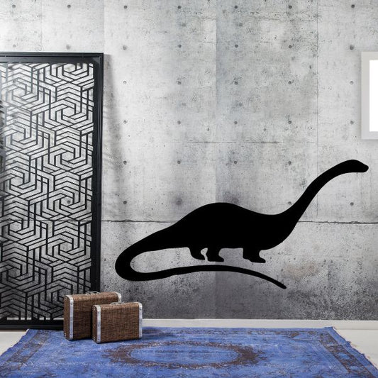 Black brontosaurus wall decal silhouette, side view with long neck and tail.