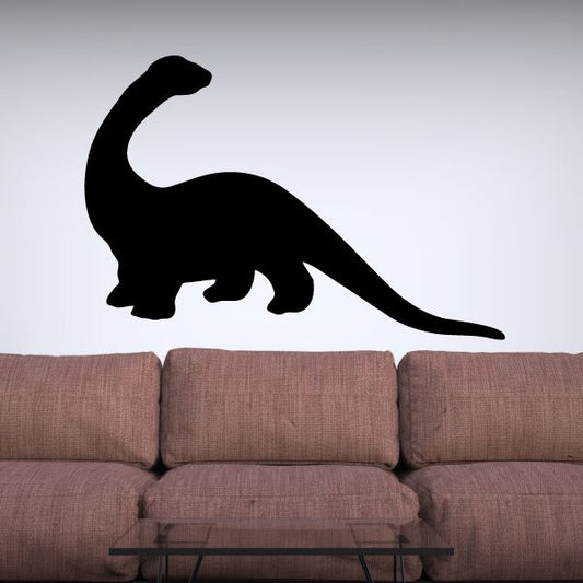Brontosaurus wall decal: black silhouette looking back, curved tail and neck.