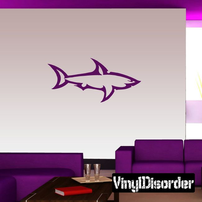 Bronze whaler shark wall decal, purple shark silhouette with fins and tail