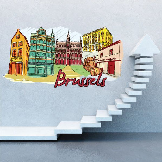 Brussels sticker with illustrated city skyline and cursive 'Brussels' lettering