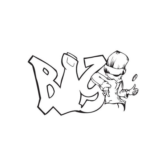 Graffiti decal with BS letters and cartoon character, white with black outline