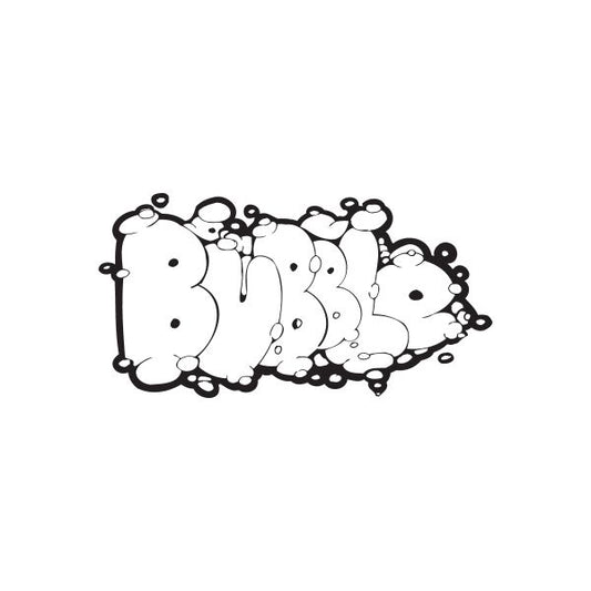 Bubble graffiti decal with white-filled bubble-letter outlines and dots, black ink style