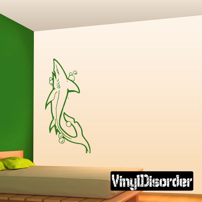 Shark wall decal with bubble accents, green outline
