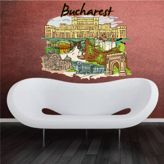 Bucharest sticker with illustrated city skyline and the word “Bucharest” in script