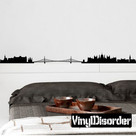 Budapest skyline wall decal with bridge and city silhouette, black on light wall