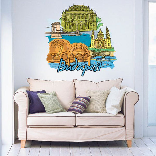 Budapest sticker with illustrated landmark skyline and blue cursive text