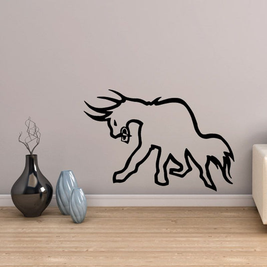 Black bull outline wall decal, horned bull silhouette with flowing lines