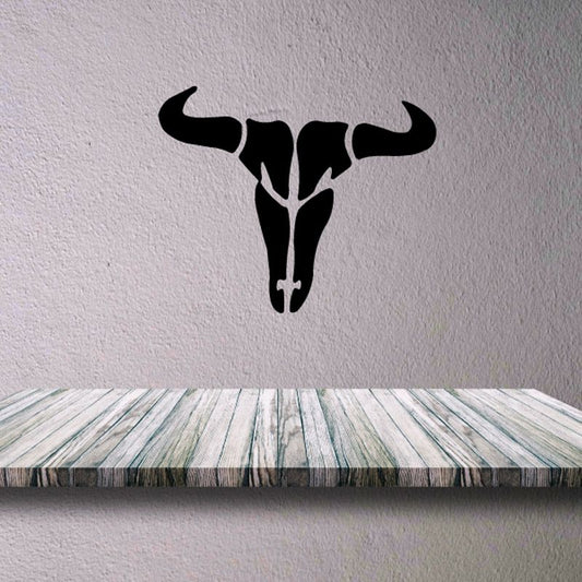 Black bull skull head decal with long horns and crossbones-style center
