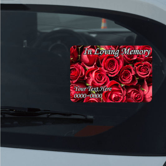 Memorial sticker with red roses, 'In Loving Memory' and 'Your Text Here'.