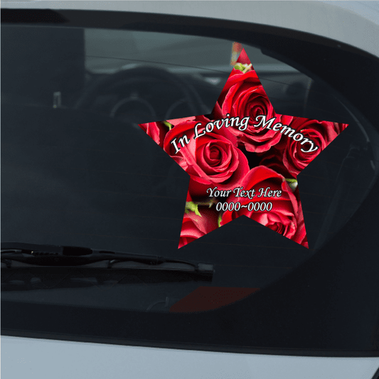 Memorial custom sticker: red roses star with 'In Loving Memory' wording
