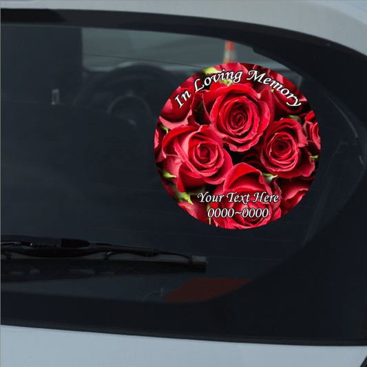 Circular memorial sticker with red roses, “In Loving Memory” and “Your Text Here”