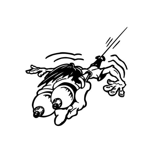 Bungee jumping decal, black line-art person in harness with swinging rope and motion lines