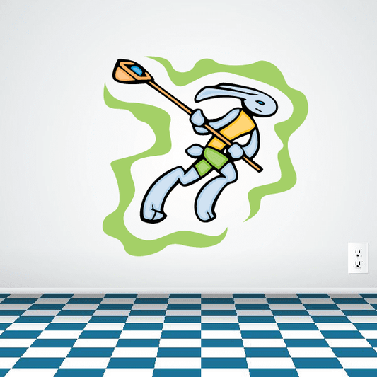 Die-cut bunny lacrosse player decal with colorful cartoon art